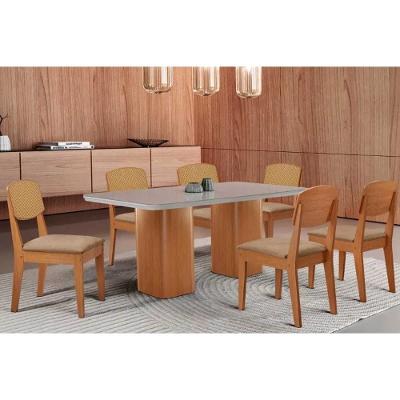 Sala de Jantar Maldivas Curvo 6 Lugares Tampo MDF Cadeiras Estofadas Linho Bege 180CM Móveis Rufato