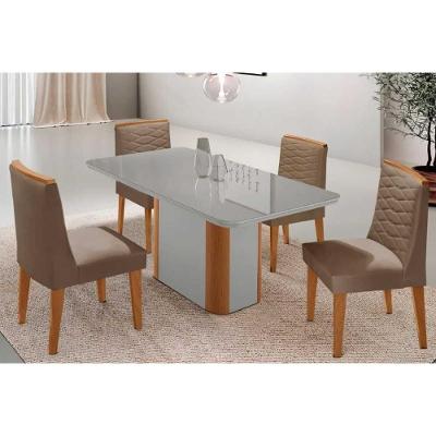 Sala de Jantar Pietá + Maldivas 4 Lugares Tampo MDF com Vidro Curvo Off White 120CM Móveis Rufato