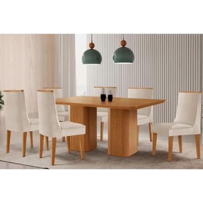 Sala de Jantar Maldivas 6 Lugares Tampo MDF com Cadeiras Estofadas Suede Creme 180CM Móveis Rufato