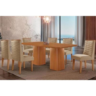 Sala de Jantar Maldivas 6 Lugares Tampo MDF com Cadeiras Estofadas Linho Bege 180CM Móveis Rufato