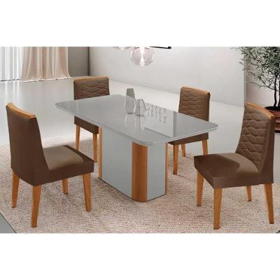 Sala de Jantar Pietá + Maldivas 4 Lugares Tampo MDF com Vidro Curvo Off White e Suede Marrom 120CM
