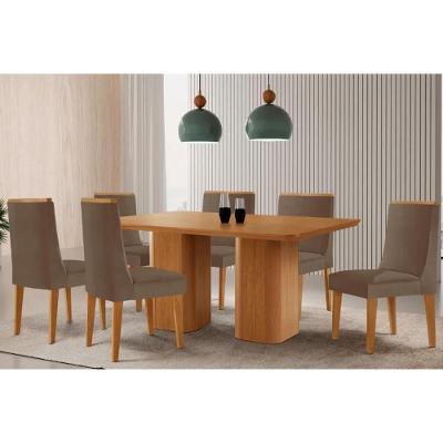 Sala de Jantar Maldivas 6 Lugares Tampo MDF com Cadeiras Estofadas Suede Capuccino 180CM Móveis
