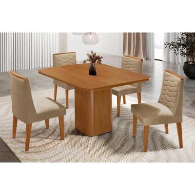 Sala de Jantar Maldivas 4 Lugares Tampo MDF Design Curvo 90CM Bege Linho e Capuccino Móveis Rufato