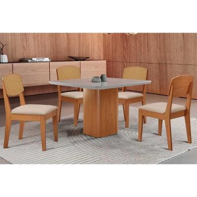 Sala de Jantar Maldivas 4 Lugares Tampo MDF com Vidro Curvo 90X90CM Off White Móveis Rufato