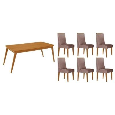 Sala de Jantar Havana 6 Lugares Tampo MDF com Cadeiras Estofadas Linho Marrom 180CM Móveis Rufato