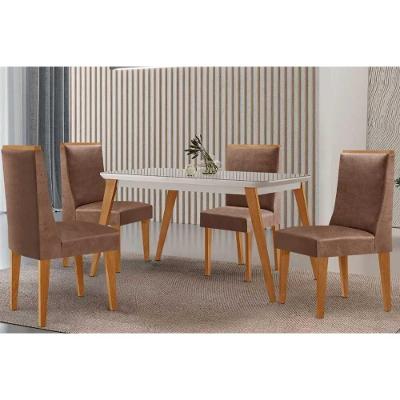 Sala de Jantar Havana Curvo 4 Lugares Tampo MDF Cadeiras Couro Sintético Off White Capuccino 120CM