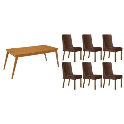 Sala de Jantar Havana 6 Lugares Tampo Madeira Maciça com Cadeiras Estofadas Suede Marrom 180CM