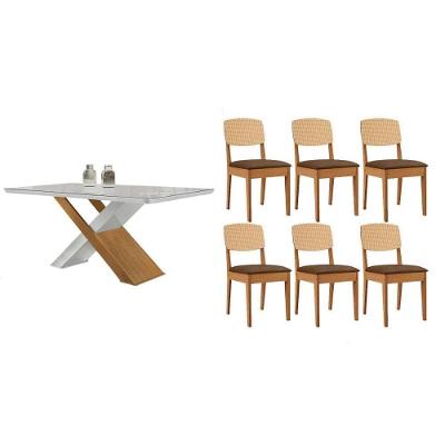 Sala de Jantar Imperatriz 6 Lugares Tampo em Vidro com Cadeiras Havana Suede Marrom 180CM Móveis