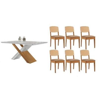 Sala de Jantar Imperatriz 6 Lugares Tampo em Vidro Curvo com Cadeiras Havana Estofadas Bege 180CM