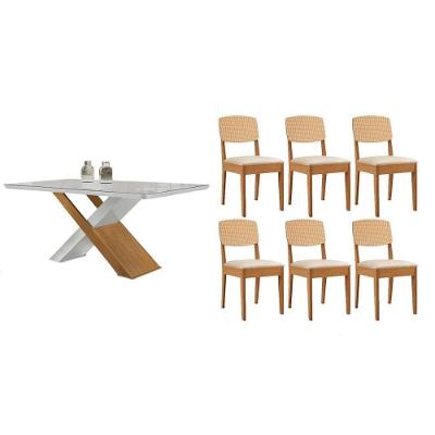 Sala de Jantar Imperatriz 6 Lugares Tampo em Vidro Curvo 180CM com Cadeiras Havana Suede Creme