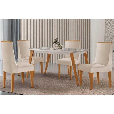 Sala de Jantar Havana 4 Lugares Tampo MDF com Vidro Canto Curvo Off White 120CM Móveis Rufato