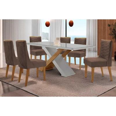 Sala de Jantar Imperatriz Curvo 6 Lugares Tampo em Vidro com Cadeiras Suede Off White e Marrom 180CM