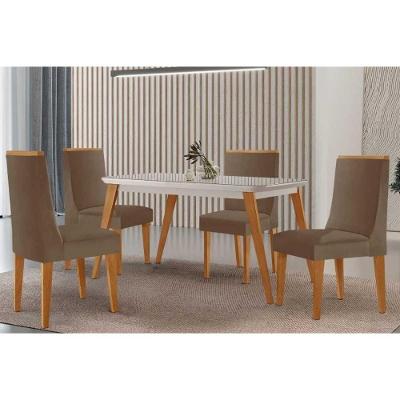 Sala de Jantar Havana Curvo 4 Lugares Tampo MDF Cadeiras Suede Capuccino Off White 120CM Móveis