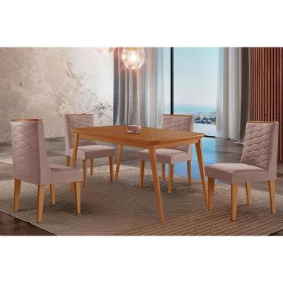 Sala de Jantar Havana 4 Lugares Tampo MDF Canto Curvo Capuccino Linho 120CM Móveis Rufato