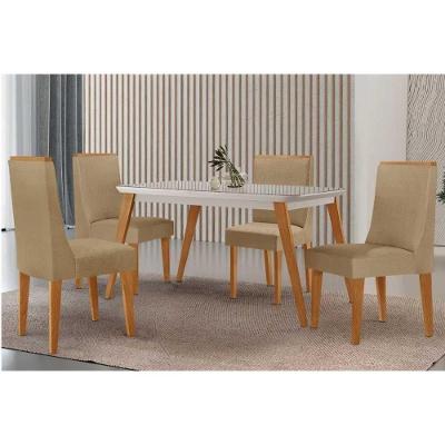 Sala de Jantar Havana Curvo 4 Lugares Tampo MDF com Vidro Off White e Linho Bege 120X80CM Móveis