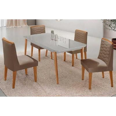 Sala de Jantar Havana Curvo 4 Lugares Tampo MDF Cadeiras Suede Off White 120CM Móveis Rufato