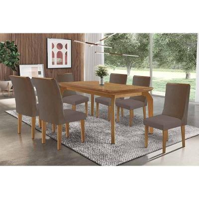 Sala de Jantar Londrina 6 Lugares Tampo MDF com Cadeiras Estofadas Suede Capuccino 180CM Móveis