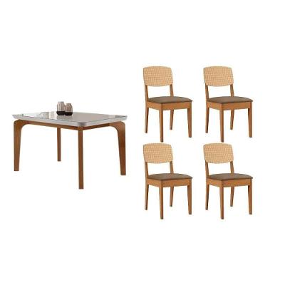 Sala de Jantar Londrina 4 Lugares Tampo em Vidro Curvo Cadeiras Havana Suede Capuccino Off White