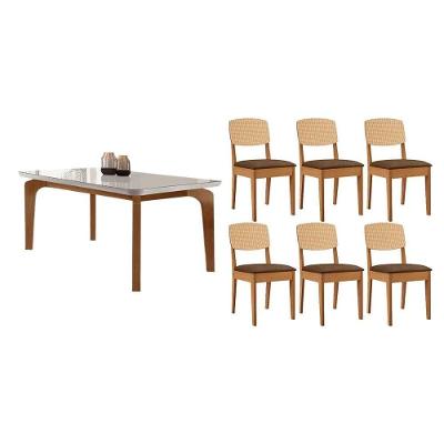 Sala de Jantar Londrina 6 Lugares Tampo em Vidro Curvo com Cadeiras Havana Suede Marrom 180CM Móveis