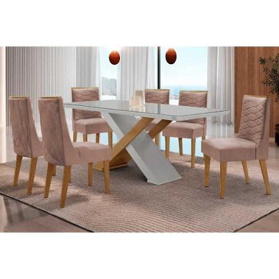 Sala de Jantar Imperatriz Curvo 6 Lugares Tampo em Vidro Suede Amadeirado 180CM Móveis Rufato