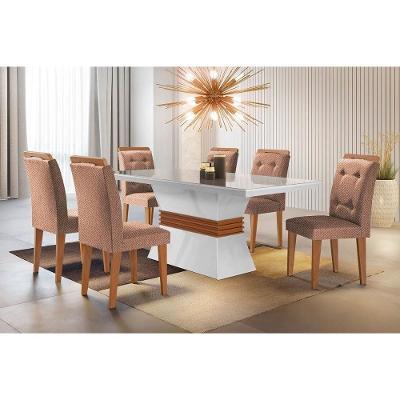Sala de Jantar Mesa Ágata 4 Lugares Tampo MDF Cadeiras Estofadas Capuccino Linho Bege 120X80CM
