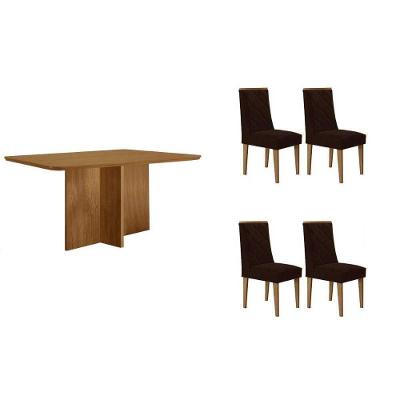 Conjunto de Jantar Berlim 4 Lugares Tampo MDF Cadeiras Estofadas Suede Marrom 120CM Móveis Rufato