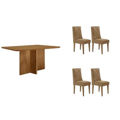 Conjunto de Jantar Berlim 4 Lugares Tampo MDF Cadeiras Estofadas Capuccino Linho Bege 120CM Móveis