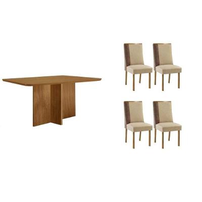 Conjunto de Jantar Berlim 4 Lugares Tampo MDF Cadeiras Suede Capuccino-Linho Bege 120CM Móveis