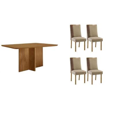 Conjunto de Jantar Berlim 4 Lugares Tampo MDF com Cadeiras Estofadas Creme 120CM Móveis Rufato