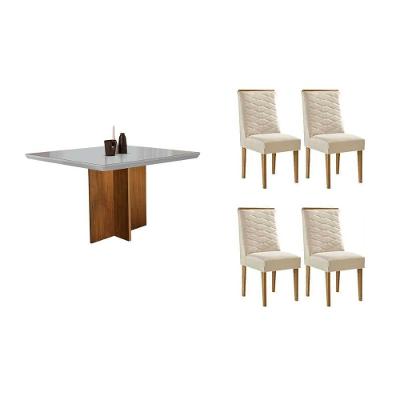 Conjunto Berlim Curvo 4 Lugares Tampo em Vidro com Cadeiras Estofadas Suede Off White 90CM Móveis