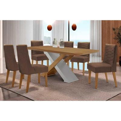 Conjunto de Jantar Imperatriz Curvo 6 Lugares Tampo MDF Bordas Arredondadas Off White 180CM Móveis