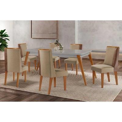 Conjunto de Jantar Havana Curvo 6 Lugares Tampo MDF Cadeiras Suede Bege 180CM Móveis Rufato