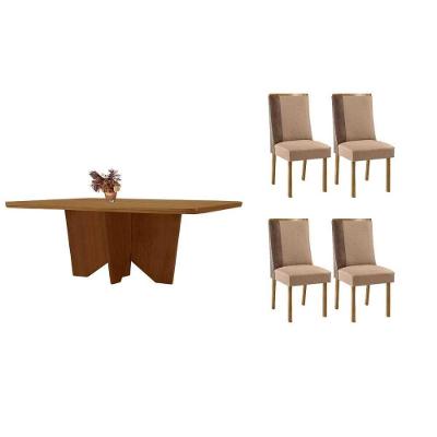 Conjunto de Jantar Nevada 4 Lugares Tampo MDF Cadeiras Suede Capuccino-Linho Bege 120CM Móveis