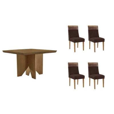 Conjunto de Jantar Nevada 4 Lugares Tampo MDF Cadeiras Estofadas Suede Marrom 90CM Móveis Rufato