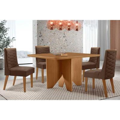 Conjunto de Jantar Nevada 4 Lugares Tampo MDF com Cadeiras Suede Marrom 90CM Móveis Rufato