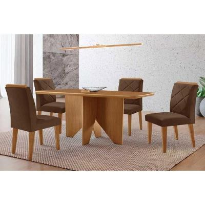 Conjunto de Jantar Nevada + Pietá 4 Lugares Tampo MDF Cadeiras Estofadas Suede Marrom 120CM Móveis