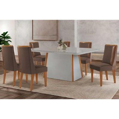 Conjunto de Jantar Tilia 6 Lugares Tampo MDF com Vidro Curvo 180CM Off White e Marrom Móveis Rufato