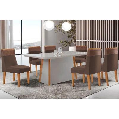 Conjunto de Jantar Tilia 6 Lugares Tampo em Vidro Curvo 180CM Suede Marrom Móveis Rufato