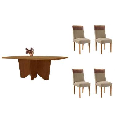 Conjunto de Jantar Nevada 4 Lugares Tampo MDF Cadeiras Estofadas Capuccino e Linho Bege 120CM Móveis