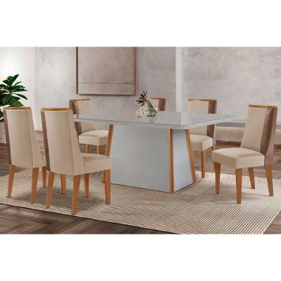 Conjunto de Jantar Tilia 6 Lugares Tampo em Vidro Suede Creme 180CM Móveis Rufato