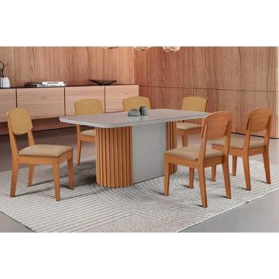 Conjunto de Jantar Pilar Curvo 6 Lugares Tampo MDF Cadeiras Estofadas Linho Bege 180CM Móveis Rufato