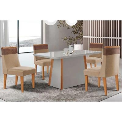 Conjunto de Jantar Tilia + Jaspe 4 Lugares Tampo em Vidro Cadeiras Suede Bege 120CM Móveis Rufato