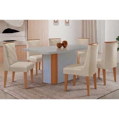 Conjunto de Jantar Pietá 6 Lugares Tampo em Vidro Curvo com Cadeiras Estofadas Off White 180CM