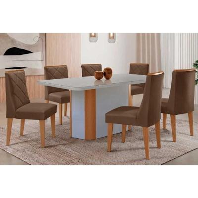 Conjunto de Jantar Pietá 6 Lugares Tampo em Vidro Curvo Off White e Suede Marrom 180CM Móveis Rufato