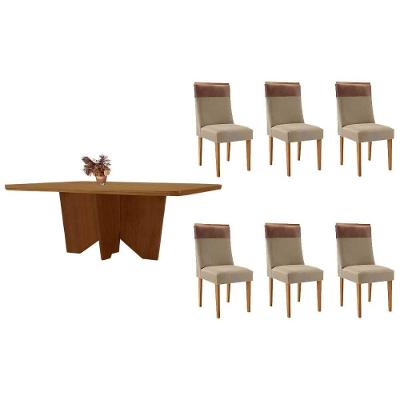 Conjunto de Jantar Nevada 6 Lugares Tampo MDF Bordas Arredondadas Capuccino-Linho Bege 180CM Móveis