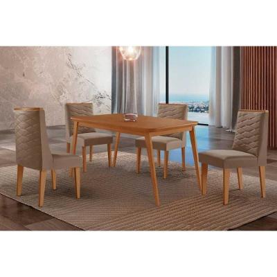 Conjunto Jantar Havana Curvo 4 Lugares Tampo MDF Cadeiras Estofadas Suede Capuccino 120CM Móveis