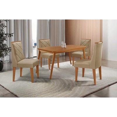Conjunto Jantar Havana Curvo 4 Lugares Tampo MDF com Cadeiras Estampadas Linho Bege 120CM Móveis