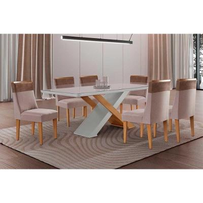 Conjunto de Jantar Imperatriz Curvo 6 Lugares Tampo MDF com Cadeiras Suede Amadeirado 180CM Móveis