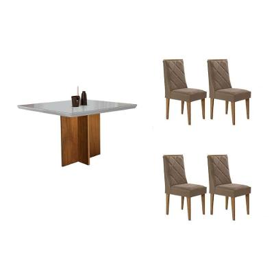 Conjunto Jantar Berlim Curvo 4 Lugares Tampo MDF com Cadeiras Estofadas Naturale e Corano Capuccino