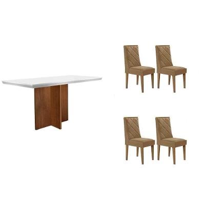 Conjunto Jantar Berlim Curvo 4 Lugares Tampo MDF com Bordas Arredondadas Linho Bege 120CM Móveis